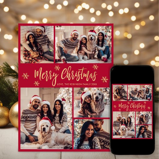 Snowflake Rot und Gold 5 Foto Collage Weihnachten