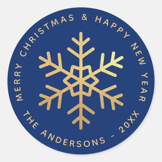Snowflake Royal Blue Elegant Faux Gold Christmas Runder Aufkleber (Vorderseite)