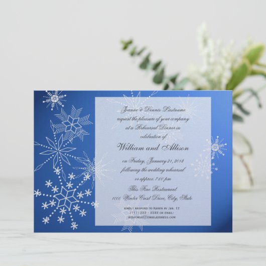 Snowflake Sapphire Blue Probe Dinner Einladung (Stehend Vorderseite)