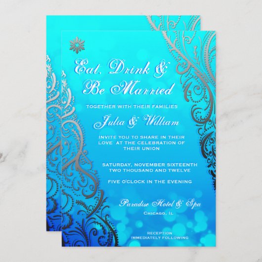 Snowflake Schnörkel & Bokeh Winter Hochzeit Einlad Einladung (Vorne/Hinten)