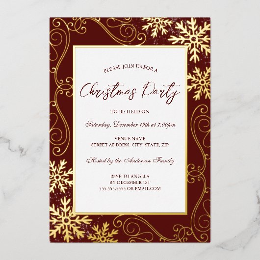 Snowflake Snowboard Rahmen Red Gold Weihnachtsfest Folieneinladung (Vorderseite)