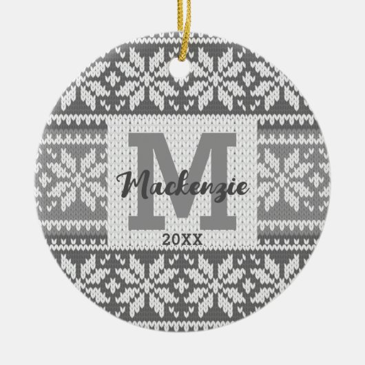 Snowflake Strick Sweater Monogram Name Foto Keramik Ornament (Vorne)