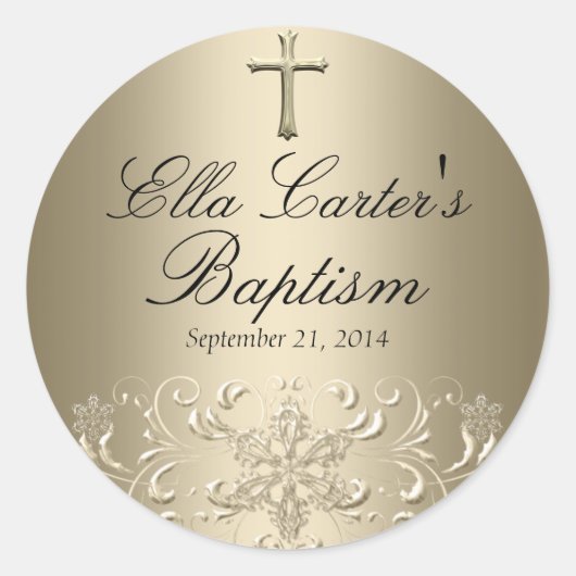 Snowflake Swirl & Cross Gold Taufen Sticker (Vorderseite)