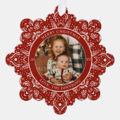 Snowflake Weihnachten Rotes Foto Ornament Karte (Vorderseite)
