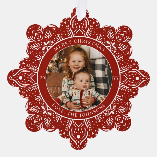 Snowflake Weihnachten Rotes Foto Ornament Karte (Vorderseite)