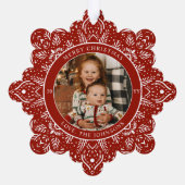 Snowflake Weihnachten Rotes Foto Ornament Karte (Rückseite)