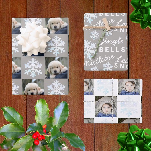 Snowflake White Opal Weihnachten 2 Foto Typografie Geschenkpapier Set