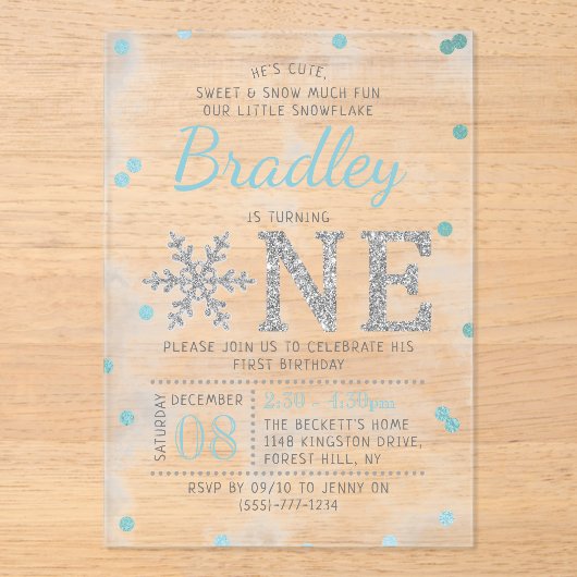 Snowflake Winter 1. Geburtstag Acryleinladungen (Vorderseite)