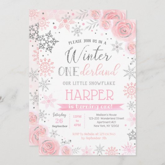 Snowflake Winter 1. Geburtstag Party Einladungen (Vorne/Hinten)