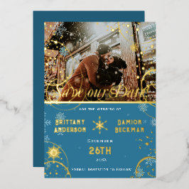 Snowflake Winter Blue Wedding Foto Save the Date Folieneinladung