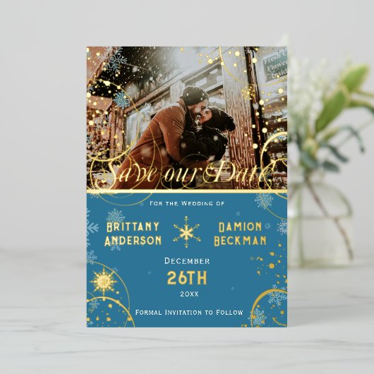 Snowflake Winter Blue Wedding Foto Save the Date Folieneinladung (Stehend vorne)