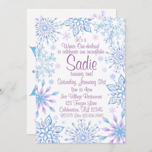 Snowflake Winter One-Derland Erster Geburtstag Einladung (Vorne/Hinten)