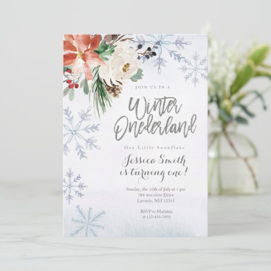 Snowflake Winter Onederland 1. Geburtstag Einladung (Stehend Vorderseite)