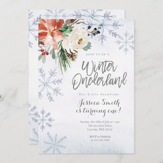 Snowflake Winter Onederland 1. Geburtstag Einladung (Vorne/Hinten)