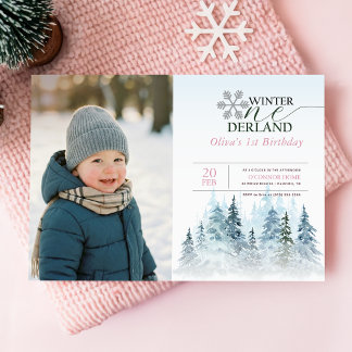 Snowflake Winter Onederland 1st Birthday Kid Photo Einladung