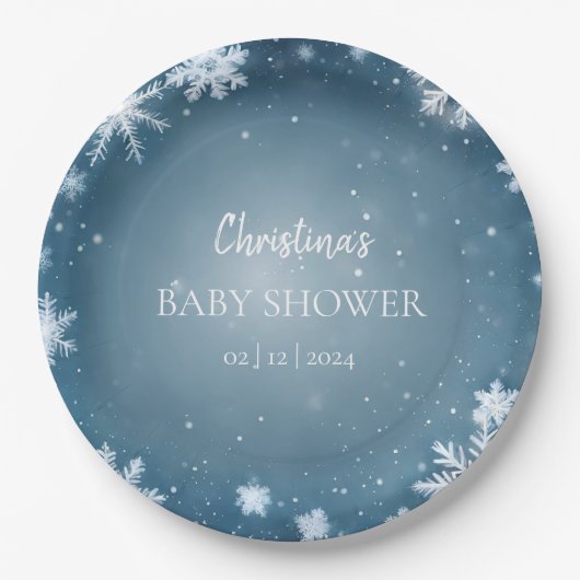 Snowflake Winter Wonderland Baby Dusche Blau Pappteller (Vorderseite)
