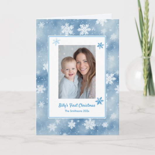Snowflakes Baby Boy Blue Foto Erste Weihnachten (Vorderseite)