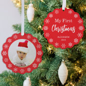 Snowflakes Baby Photo My First Christmas Red White Ornament Karte
