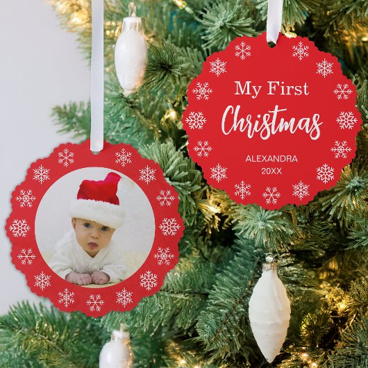 Snowflakes Baby Photo My First Christmas Red White Ornament Karte