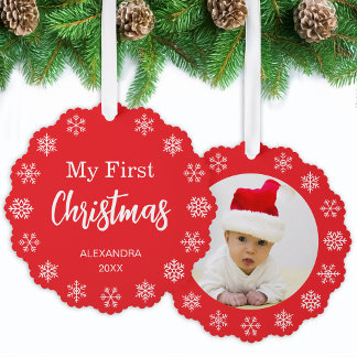 Snowflakes Baby Photo My First Christmas Red White Ornament Karte