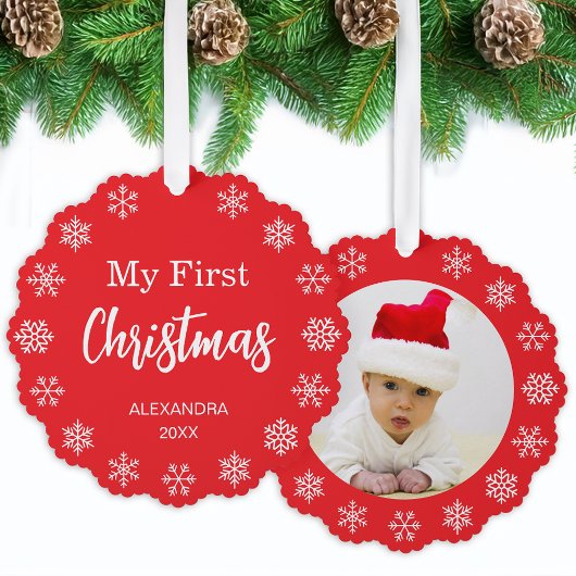 Snowflakes Baby Photo My First Christmas Red White Ornament Karte