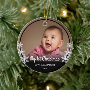 Snowflakes Baby's First Christmas Foto Black Keramik Ornament