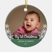 Snowflakes Baby's First Christmas Foto Green Keramik Ornament (Vorne)
