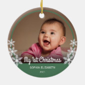 Snowflakes Baby's First Christmas Foto Green Keramik Ornament (Hinten)