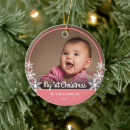 Snowflakes Baby's First Christmas Foto Pink Keramik Ornament
