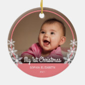 Snowflakes Baby's First Christmas Foto Pink Keramik Ornament (Hinten)