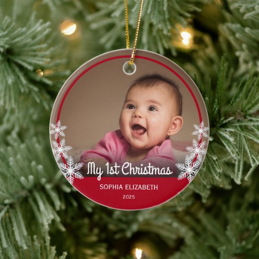 Snowflakes Baby's First Christmas Foto Red Keramik Ornament (Baum)