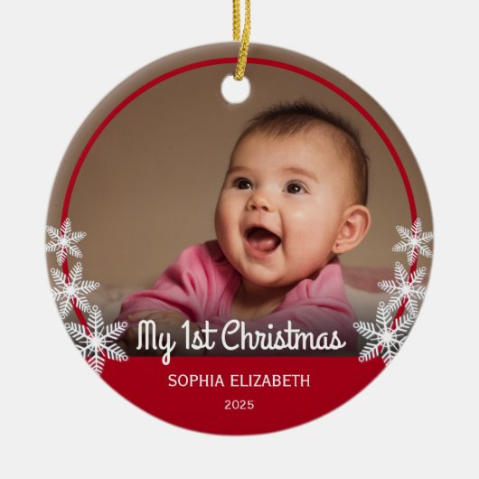 Snowflakes Baby's First Christmas Foto Red Keramik Ornament (Vorne)