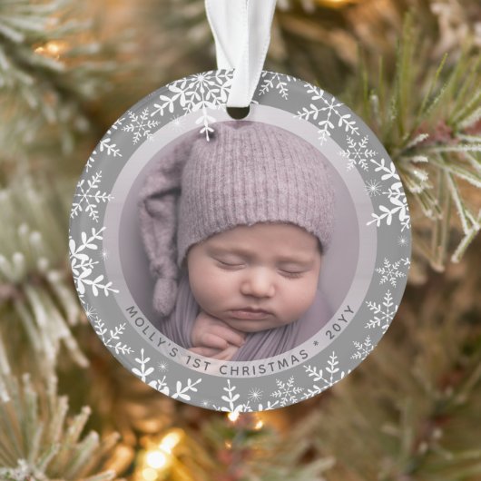 Snowflakes Baby's First Christmas Name Year Foto Ornament (Baum)
