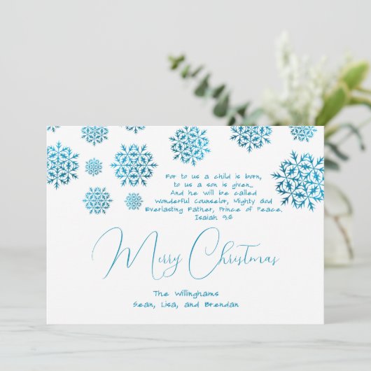 Snowflakes Blue Christian Christmas Scripture Card Einladung (Stehend Vorderseite)