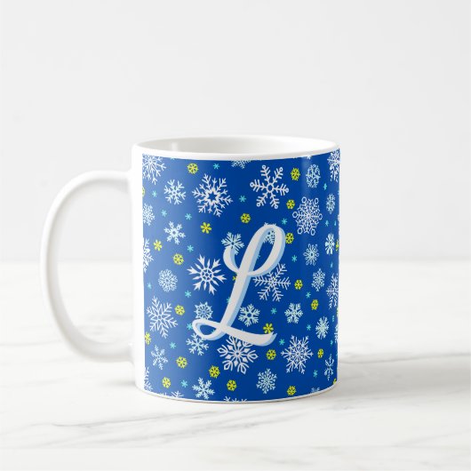 Snowflakes Blue Navy Blue Elegante Script Monogram Kaffeetasse (Links)
