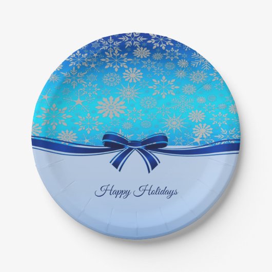 Snowflakes Blue Ribbon Holiday Paper Plakat Pappteller (Vorderseite)