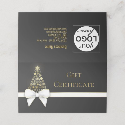 Snowflakes Bow Black Gray Weihnachtsbaum Geschenkk Platzkarte (Außenseite Aufgefaltet)