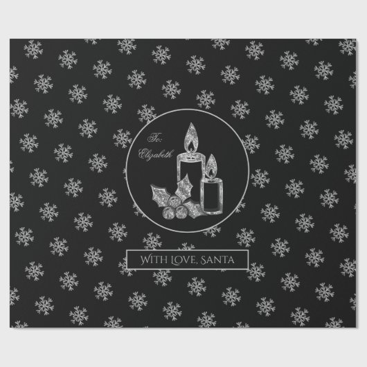 Snowflakes Candles Holly Black Silver Weihnachten Geschenkpapier (Flach)