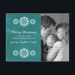 Snowflakes Chalkboard Foto Postkarte, Aquamarin Feiertagspostkarte<br><div class="desc">Moderne und trendige Snowflakes Chalkboard Foto Postcard mit türkisfarbenem Chalkboard-Look und eleganten Schneeflocken in Weiß. Diese schicke Postkarte eignet sich hervorragend für Urlaubsfreuden. Passen Sie sich mit Ihrem eigenen Foto und dem personalisierten Gruß Ihrer Wahl an. Klicken Sie auf "Anpassen",  um weitere Personalisierungsoptionen zu erhalten.</div>