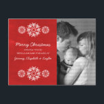 Snowflakes Chalkboard Foto Postkarte, Rot Feiertagspostkarte<br><div class="desc">Moderne und trendige Snowflakes Chalkboard Foto Postcard mit dunkelrotem Chalkboard-Look und eleganten Schneeflocken in Weiß. Diese schicke Postkarte eignet sich hervorragend für Urlaubsfreuden. Passen Sie sich mit Ihrem eigenen Foto und dem personalisierten Gruß Ihrer Wahl an. Klicken Sie auf "Anpassen",  um weitere Personalisierungsoptionen zu erhalten.</div>