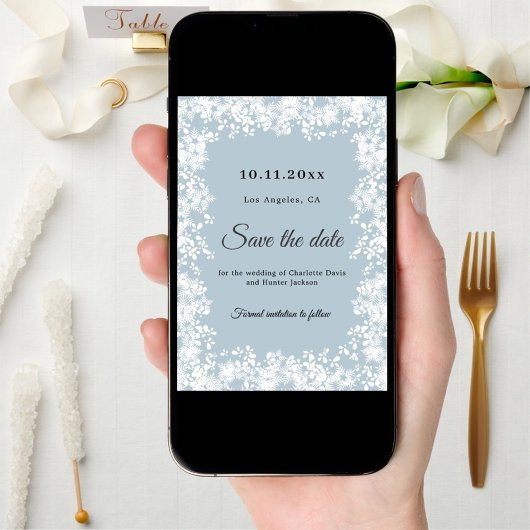 Snowflakes dusty blue winter wedding save the date