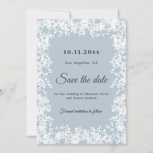 Snowflakes dusty blue winter wedding save the date (Vorderseite)