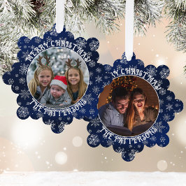 Snowflakes Family Foto Blue Paper Ornament Card Karte