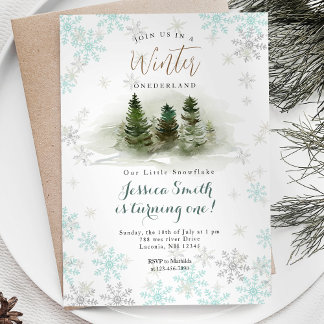 Snowflakes Forest Rustic Onederland 1. Geburtstag Einladung