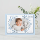 Snowflakes Foto Frame Blue Birth Ankündigung (Stehend Vorderseite)