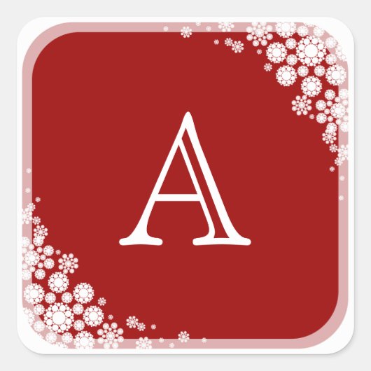 Snowflakes Frame Monogram Red Christmas Holiday Quadratischer Aufkleber (Vorderseite)