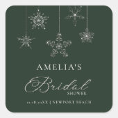 Snowflakes Glitter Green Winter Bridal Shower  Quadratischer Aufkleber (Vorderseite)