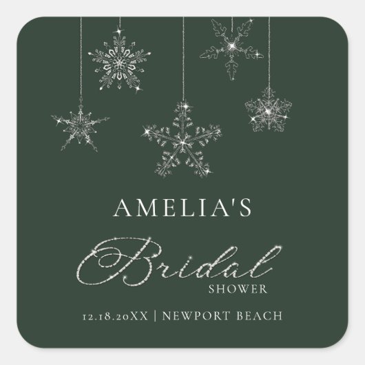 Snowflakes Glitter Green Winter Bridal Shower Quadratischer Aufkleber (Vorderseite)