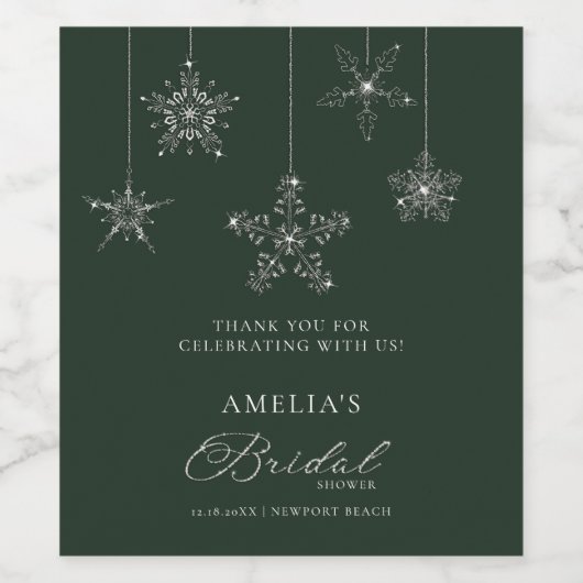 Snowflakes Glitter Green Winter Bridal Shower  Weinetikett (Einzelnes Label)