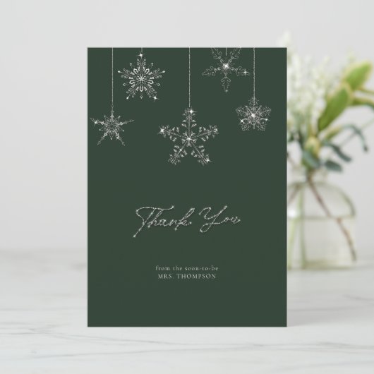 Snowflakes Glitter Green Winter Bridal Thank You Dankeskarte (Stehend Vorderseite)